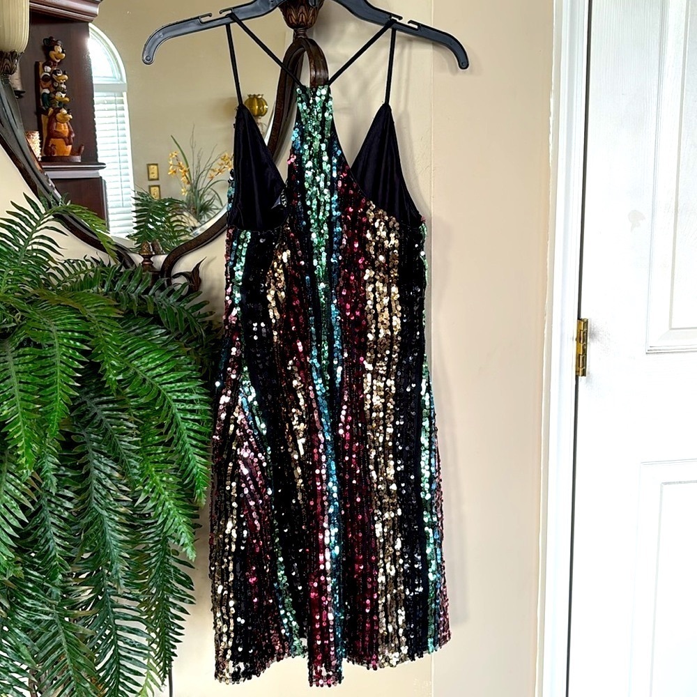 Venus Sparkly Rainbow Striped Sequin Colorful Cocktail Dress Spaghetti Strap - Picture 6 of 15
